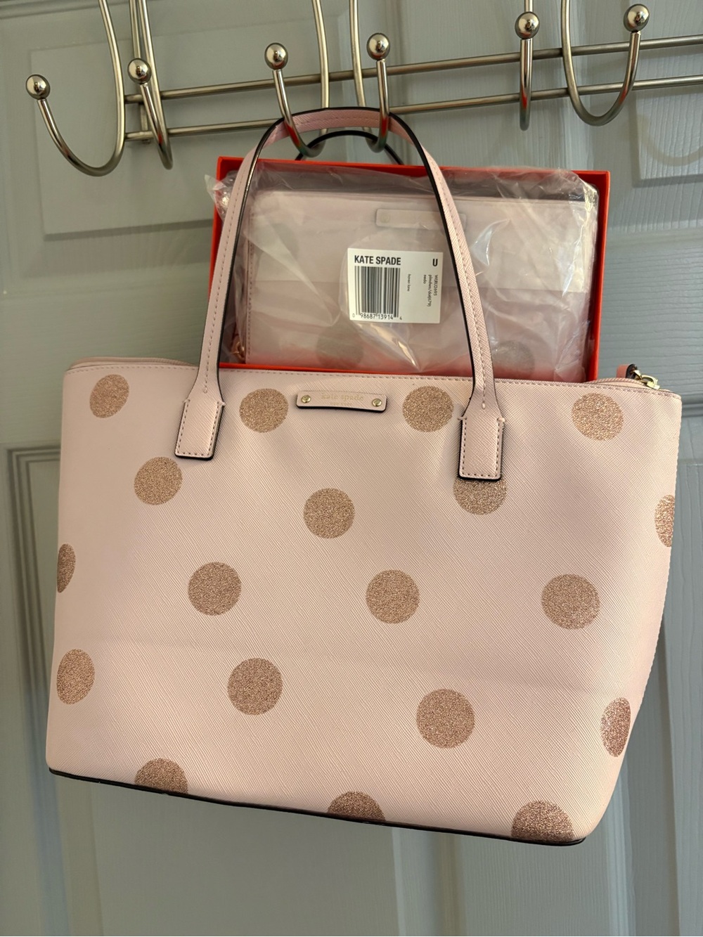 kate spade Light Pink Tote with Gold Glitter Polka Dots and Wallet